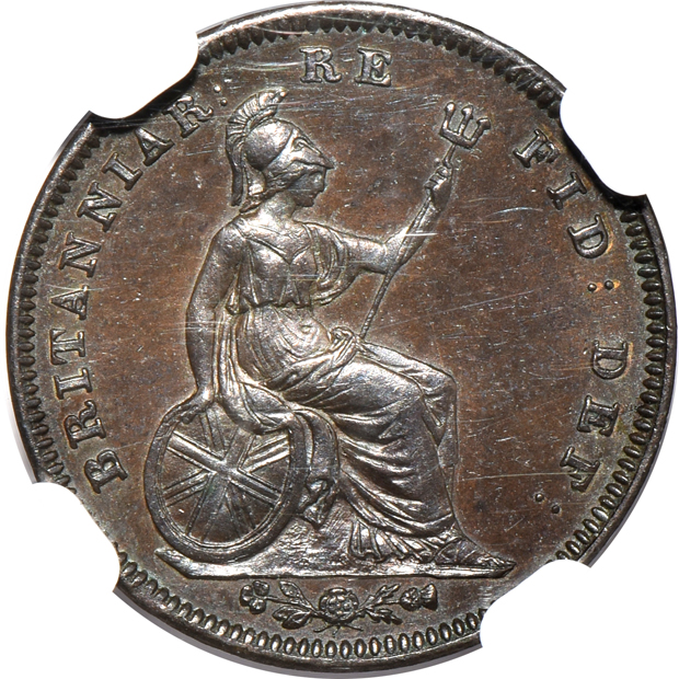 Great Britain - 1844 1/3 farthing, "RE" on reverse, NGC MS-63 BN