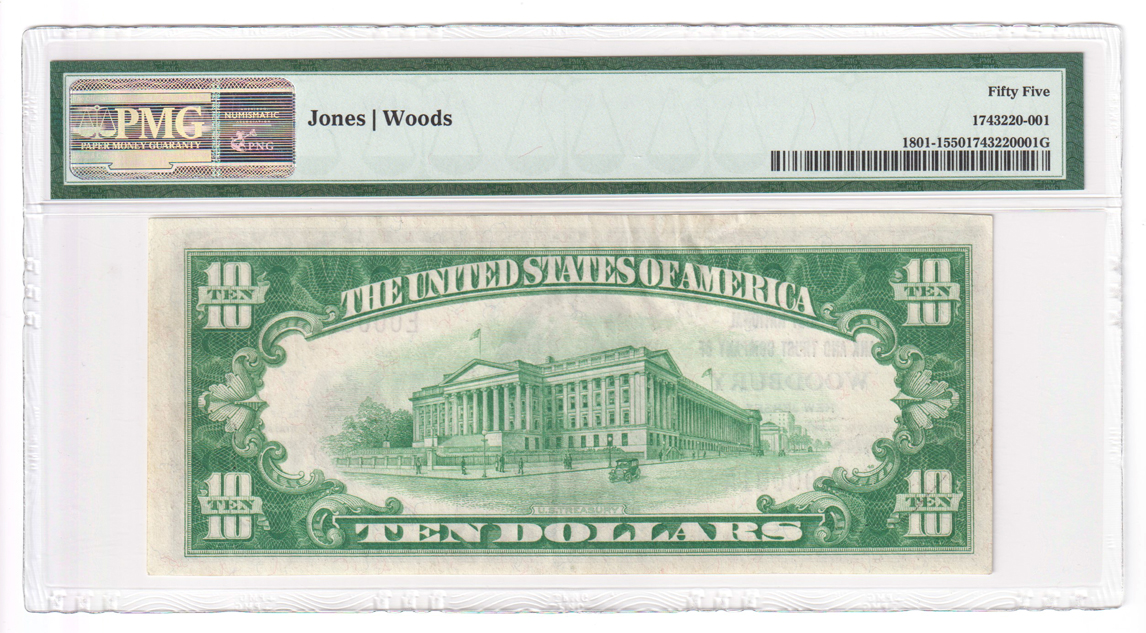Serial Number 1 1929 $10 Type 1 - Woodbury, NJ Charter #1199 - PMG AU-55