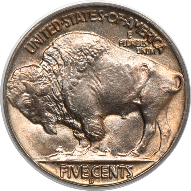 Five Buffalo nickels, all PCGS MS-66 (green label)