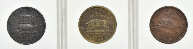 Eight hard times tokens certified by ANACS