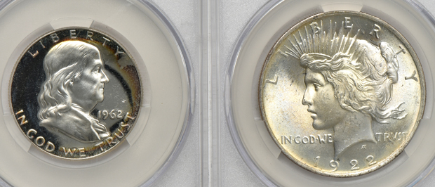 Five U.S. Type coins certified by CACG