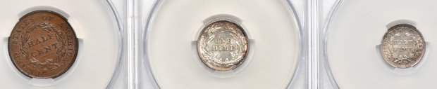 Six U.S. Type coins certified by CACG, all AU-58
