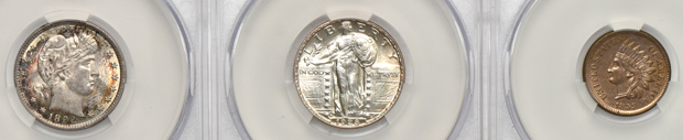 Six U.S. Type coins certified by CACG, all AU-58