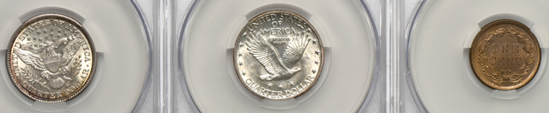 Six U.S. Type coins certified by CACG, all AU-58