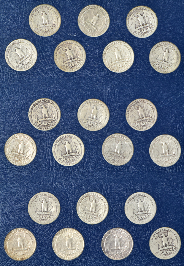 Collections of Jefferson nickel, Roosevelt dimes, silver Washington quarters, and Franklin half dollars in four Whitman folders