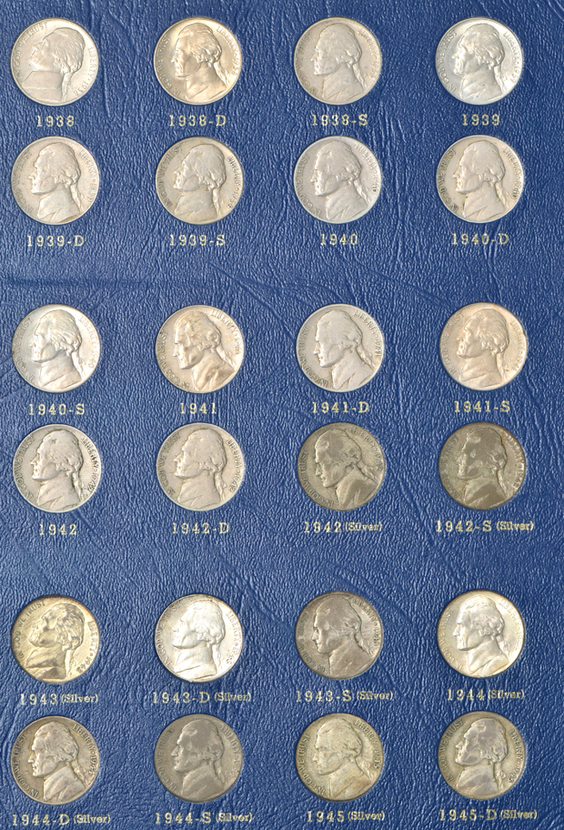 Collections of Jefferson nickel, Roosevelt dimes, silver Washington quarters, and Franklin half dollars in four Whitman folders