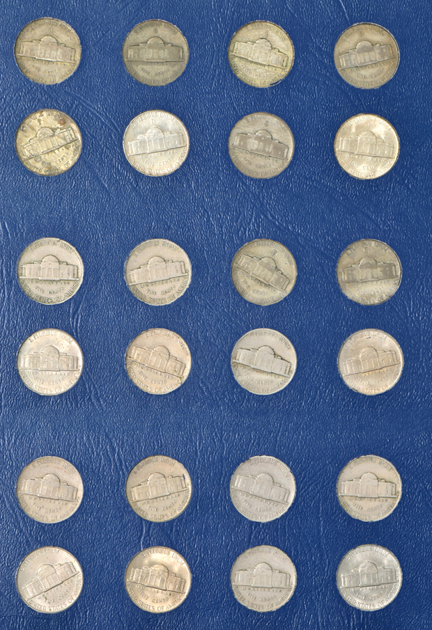 Collections of Jefferson nickel, Roosevelt dimes, silver Washington quarters, and Franklin half dollars in four Whitman folders