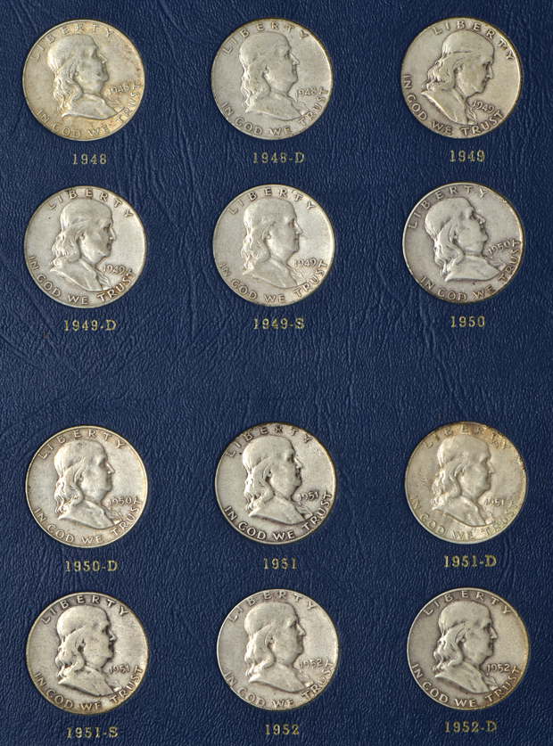 Collections of Jefferson nickel, Roosevelt dimes, silver Washington quarters, and Franklin half dollars in four Whitman folders