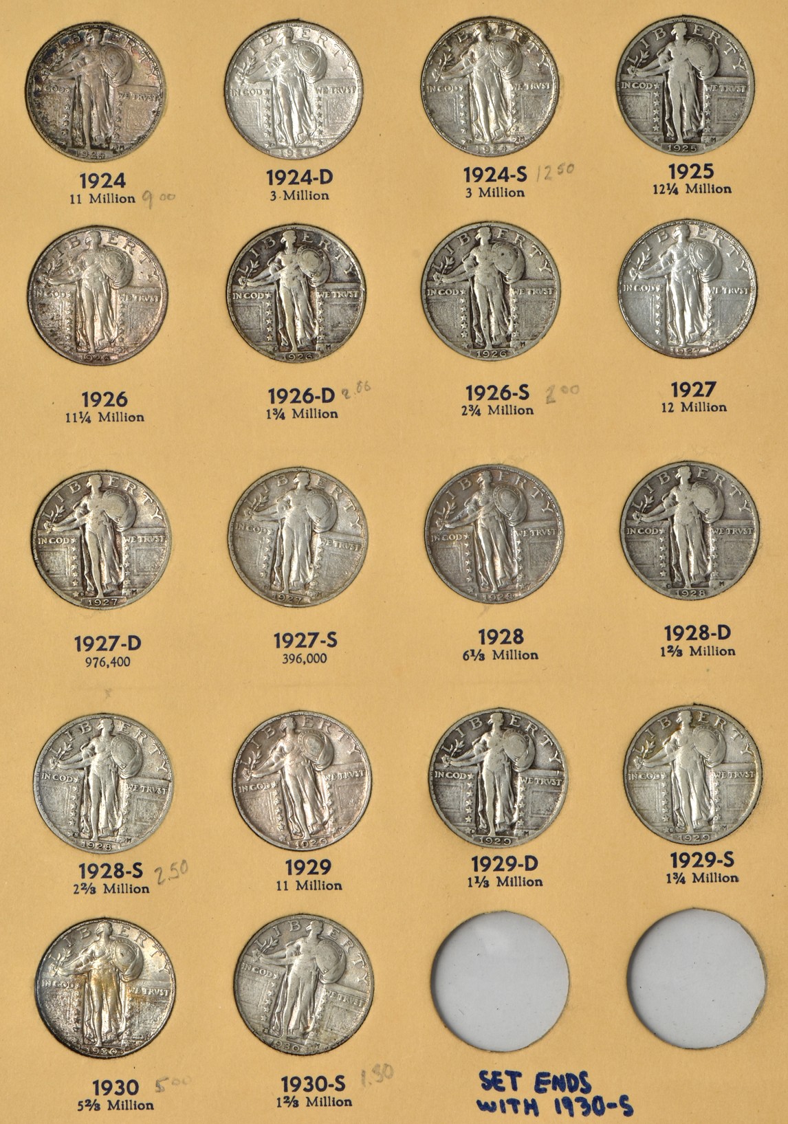 Collection of 33 different Standing Liberty quarters in a Library of Coins album