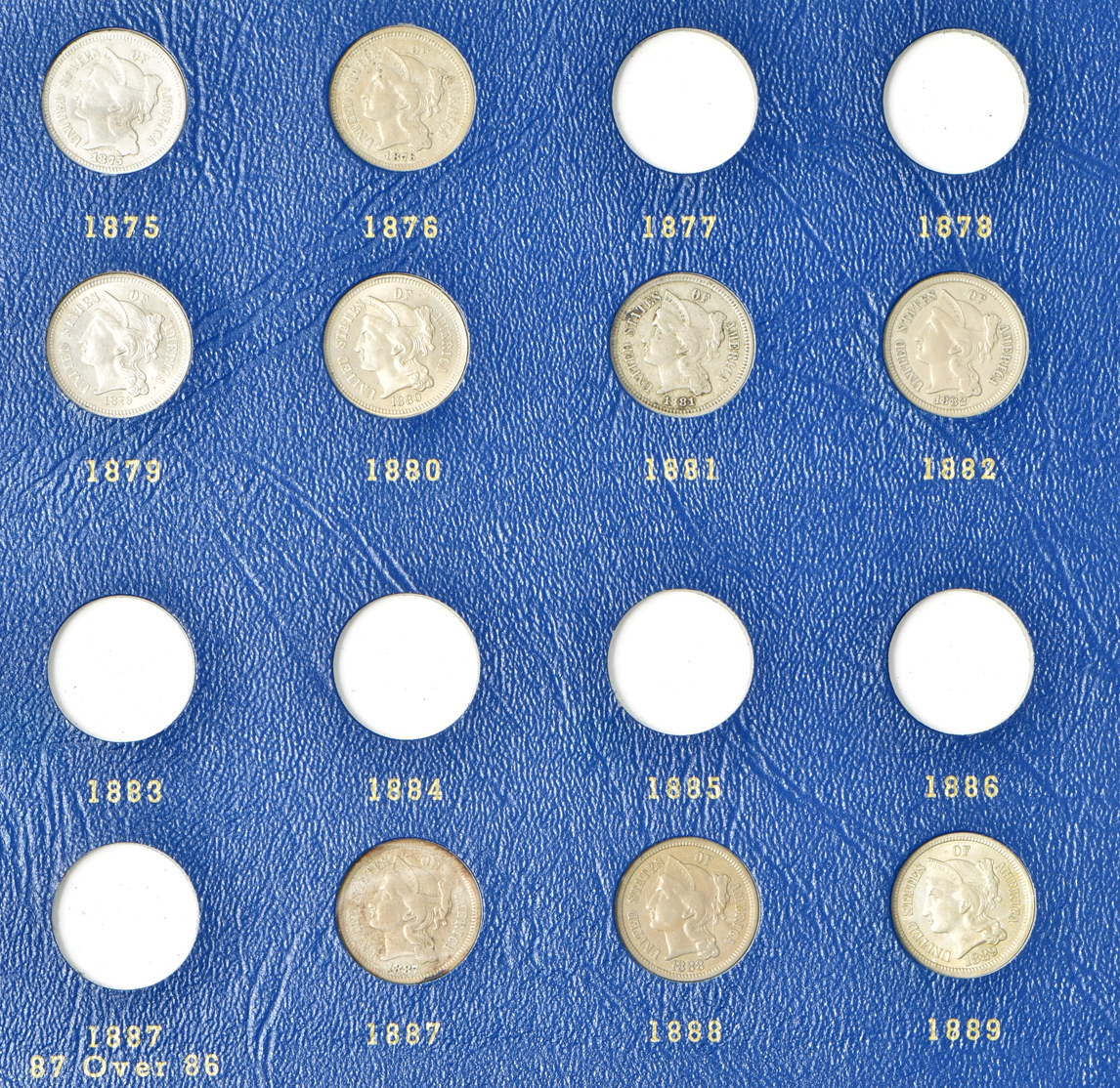 Collection of two-cent and three-cent nickels in a Whitman 9436 album