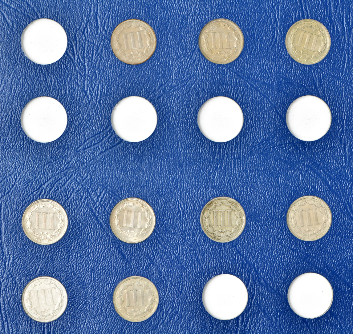 Collection of two-cent and three-cent nickels in a Whitman 9436 album