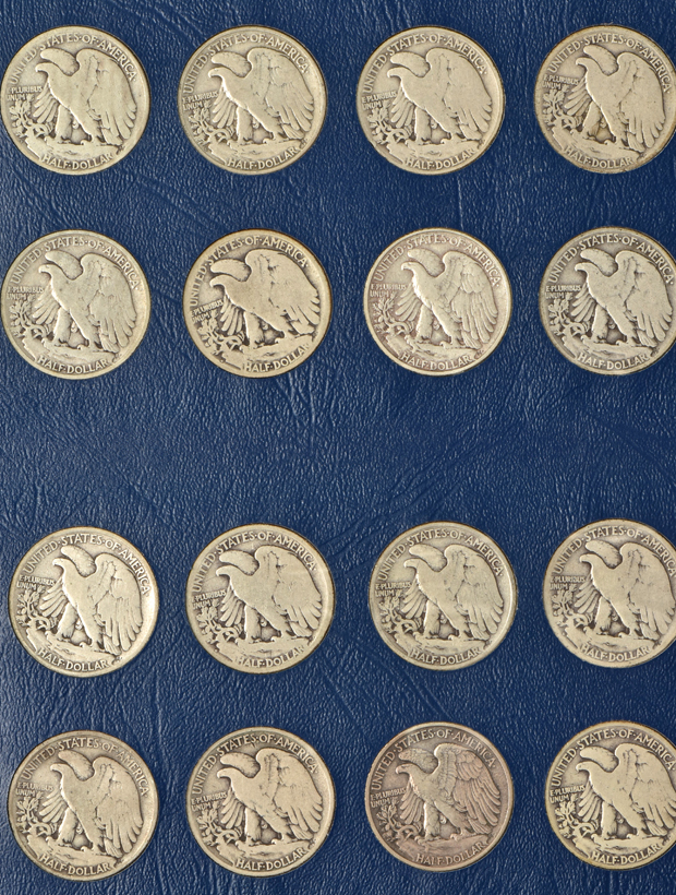Collection of 43 different Walking Liberty half-dollars in a Whitman album