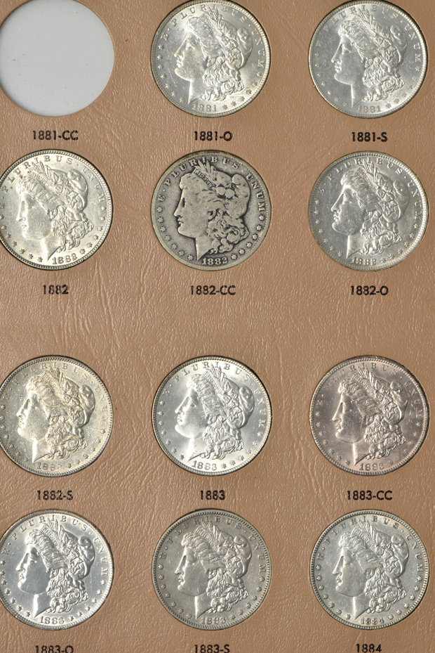 Collection of 45 different Morgan silver dollars in a Dansco 7178 album