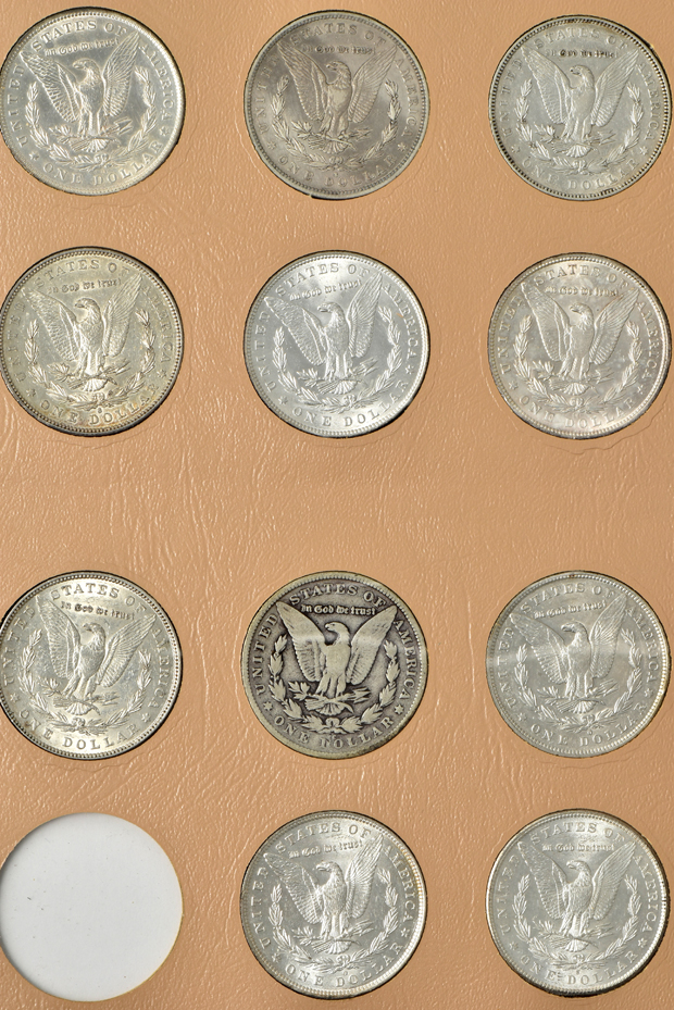 Collection of 45 different Morgan silver dollars in a Dansco 7178 album