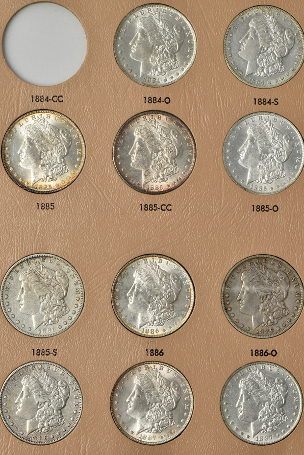 Collection of 45 different Morgan silver dollars in a Dansco 7178 album