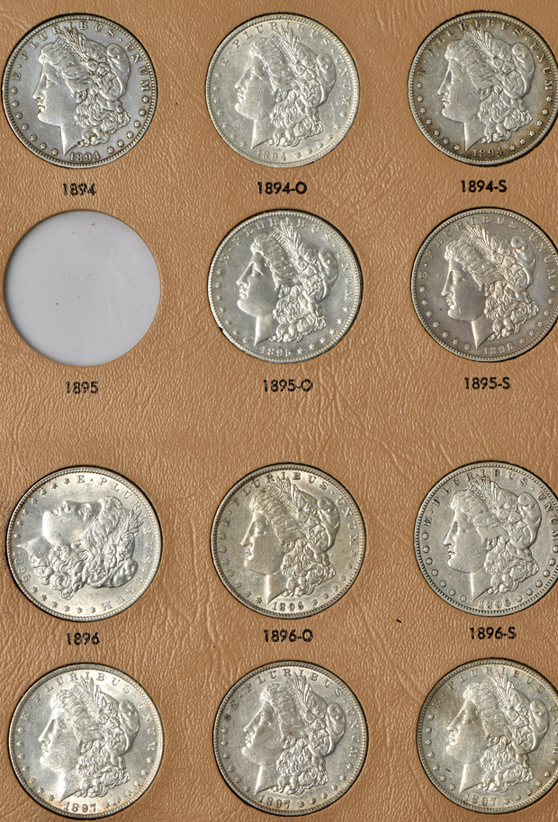 Collection of 44 different Morgan silver dollars in a Dansco album