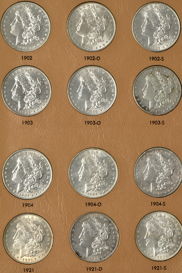 Collection of 44 different Morgan silver dollars in a Dansco album