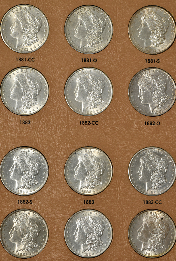 Collection of Morgan silver dollars, 1878-1890-S, in a complete Dansco album