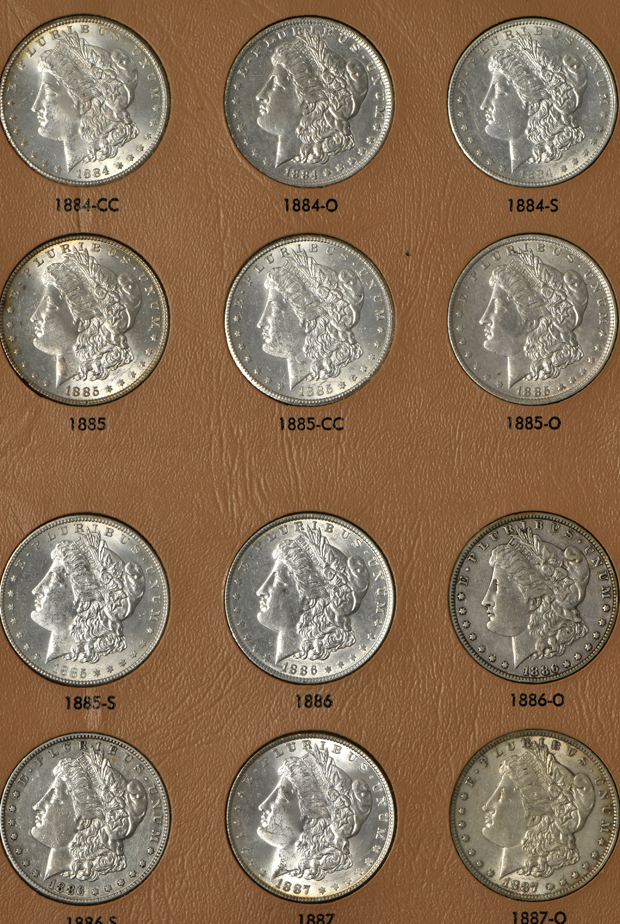 Collection of Morgan silver dollars, 1878-1890-S, in a complete Dansco album