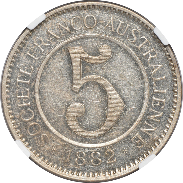New Caledonia - 1882 5 francs Gomen Digeon & Co token coinage - NGC MS-62