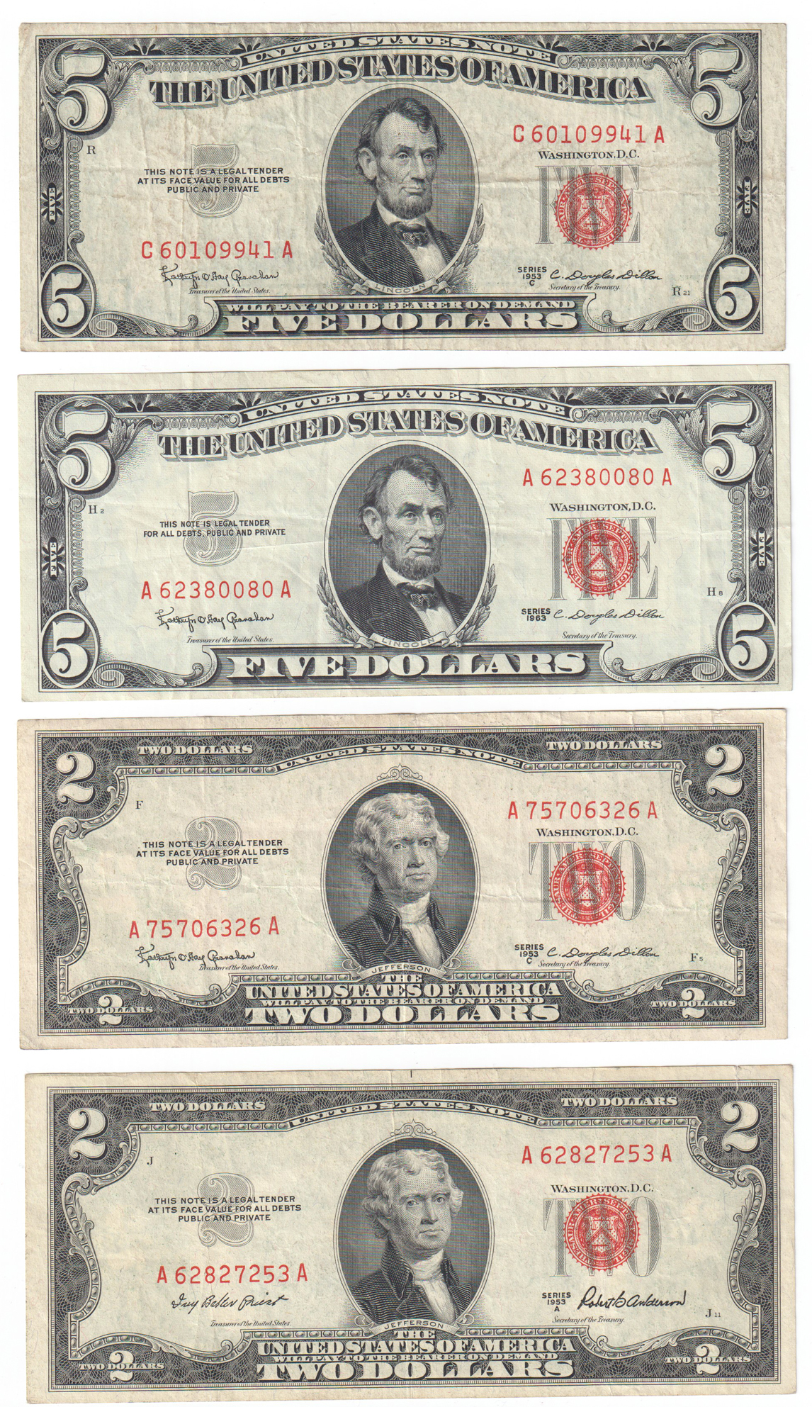 Thirty $2 and Eleven $5 Red Seal, circulated