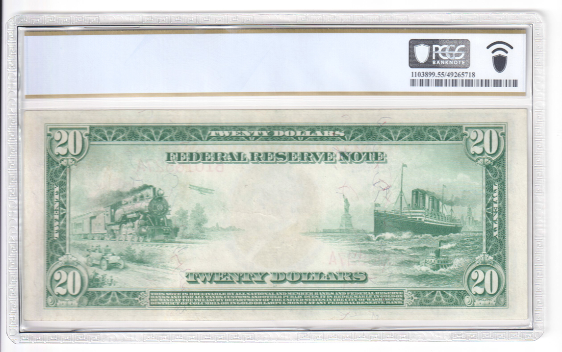1914 $20 New York Red Seal Fr# 953A - PCGS AU-55