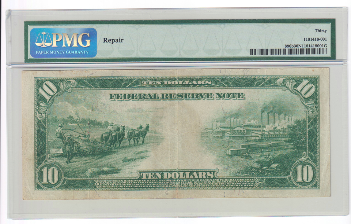 1914 $10 Richmond Blue Seal Fr# 896b - PMG VF-30/repair