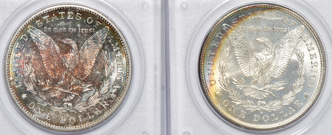 Six Morgan silver dollars, all PCGS (rattler) CAC (two gold)