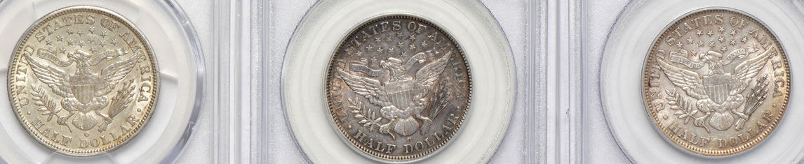 Nine Barber half-dollars certified AU by PCGS