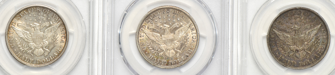 Nine Barber half-dollars certified AU by PCGS