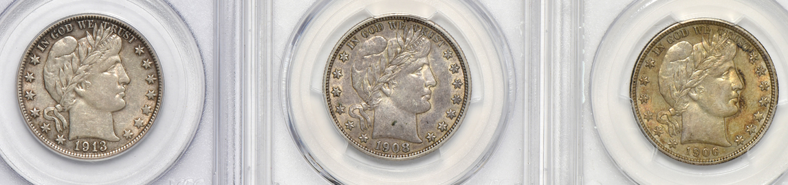 Nine Barber half-dollars certified AU by PCGS