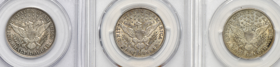 Nine Barber half-dollars certified AU by PCGS