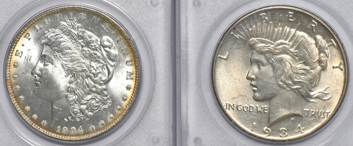 Four Morgan silver dollars MS-64, and a 1934 Peace silver dollar MS-61 CAC, all PCGS (rattler)
