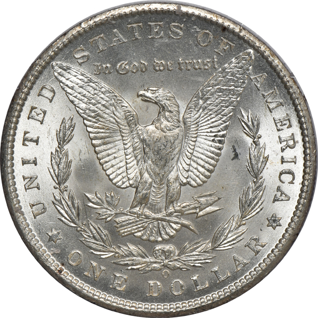 Four Morgan silver dollars MS-64, and a 1934 Peace silver dollar MS-61 CAC, all PCGS (rattler)