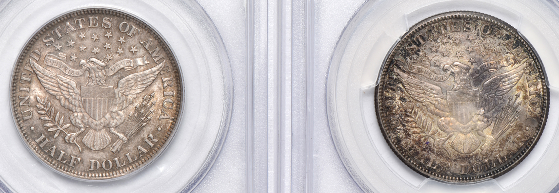 Five Barber half-dollars certified AU-58 by PCGS (one CAC)