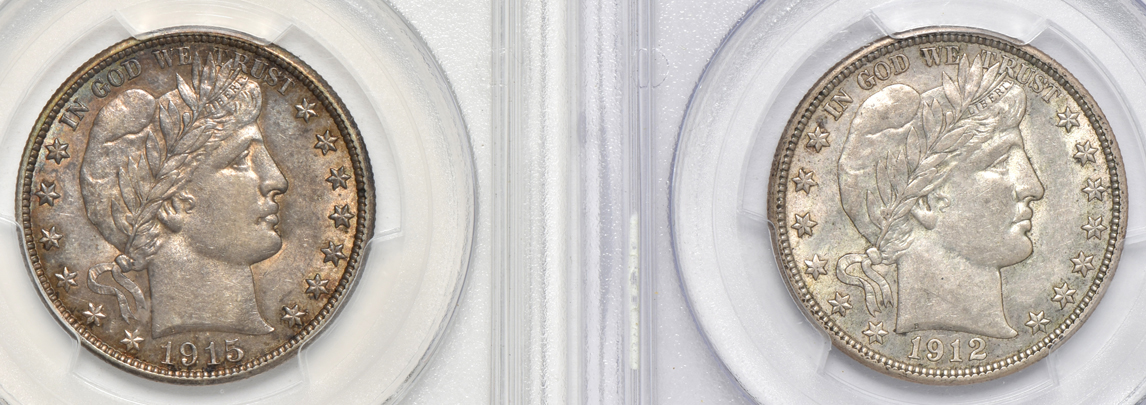 Five Barber half-dollars certified AU-58 by PCGS (one CAC)