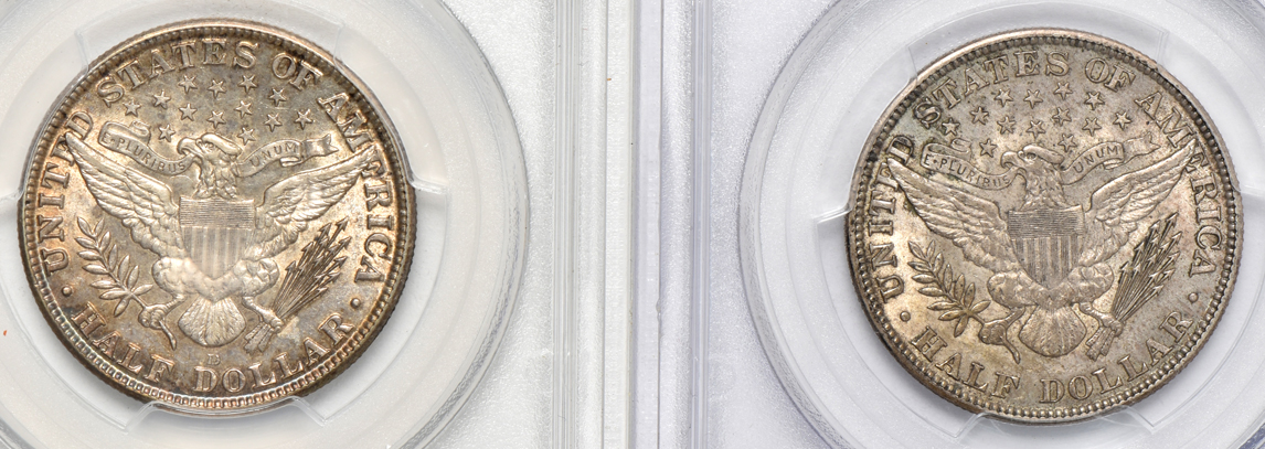 Five Barber half-dollars certified AU-58 by PCGS (one CAC)