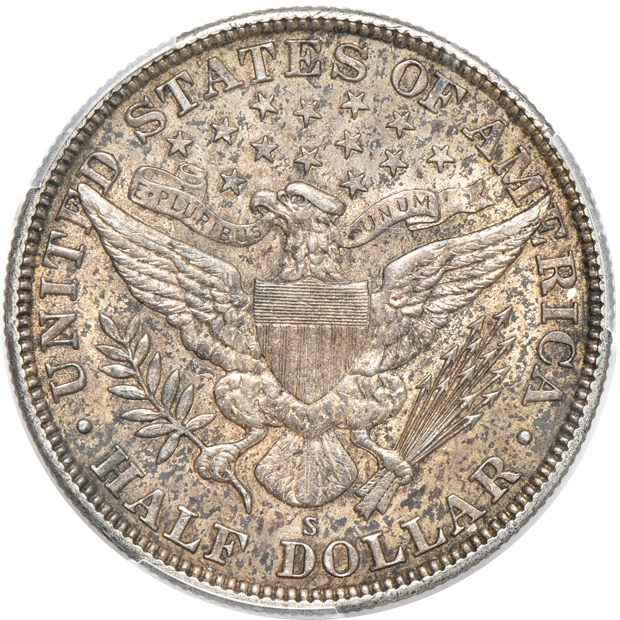 Five Barber half-dollars certified AU-58 by PCGS (one CAC)