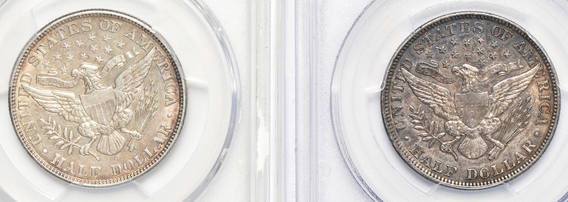 Five Barber half-dollars certified AU-50 by PCGS