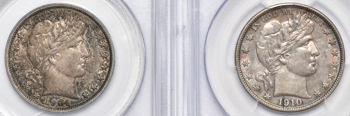 Five Barber half-dollars certified AU-50 by PCGS