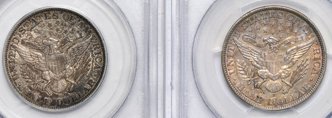 Five Barber half-dollars certified AU-50 by PCGS