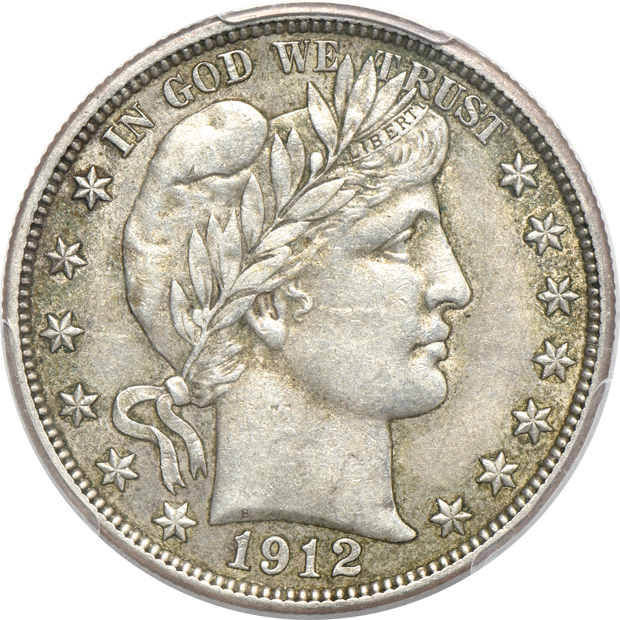 Five Barber half-dollars certified AU-50 by PCGS