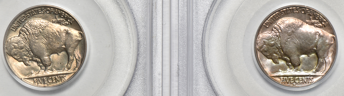 Four Buffalo nickels PCGS MS-63 (green label, one CAC)