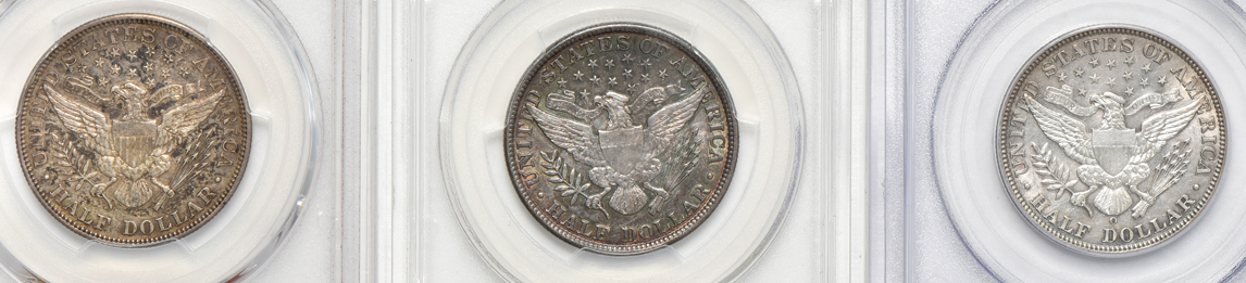 Eight Barber half-dollars certified AU-55 by PCGS