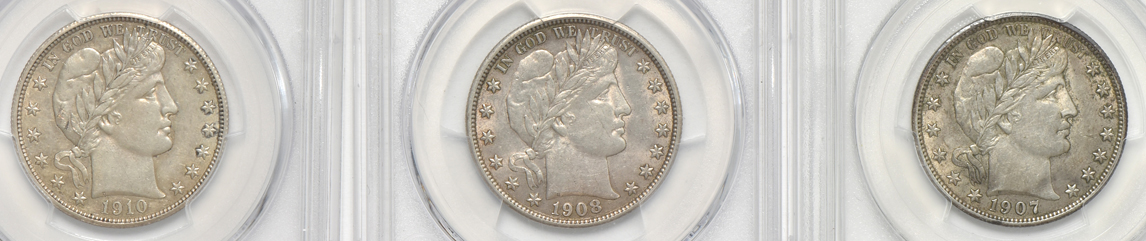 Eight Barber half-dollars certified AU-55 by PCGS