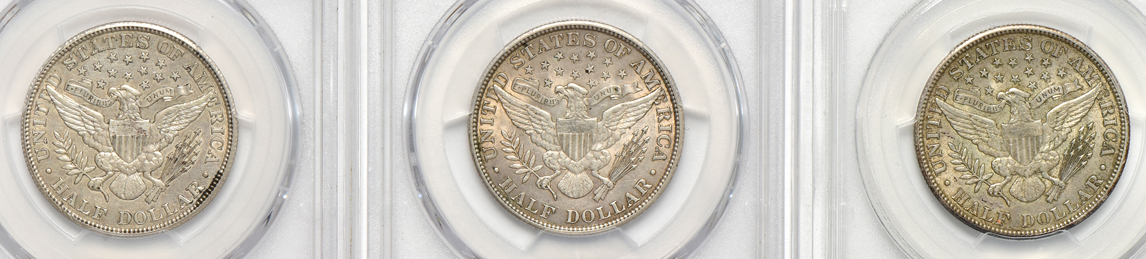Eight Barber half-dollars certified AU-55 by PCGS