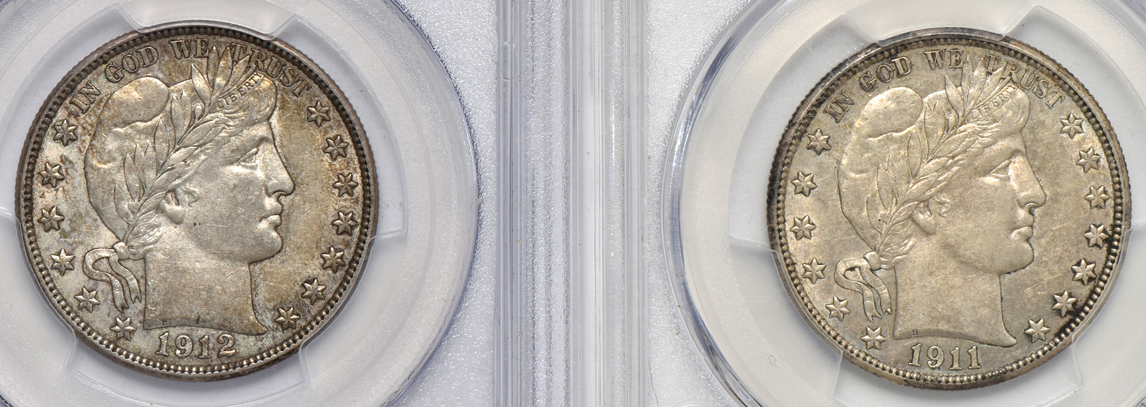 Eight Barber half-dollars certified AU-55 by PCGS
