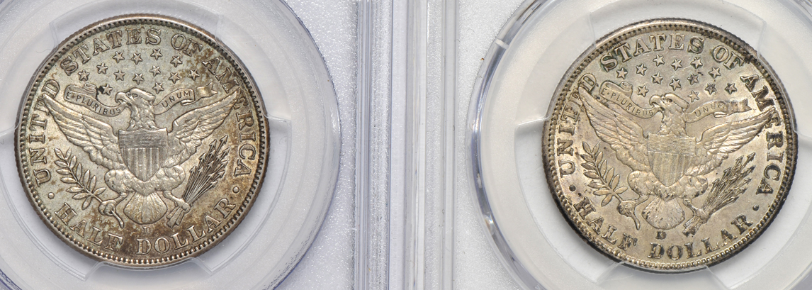 Eight Barber half-dollars certified AU-55 by PCGS