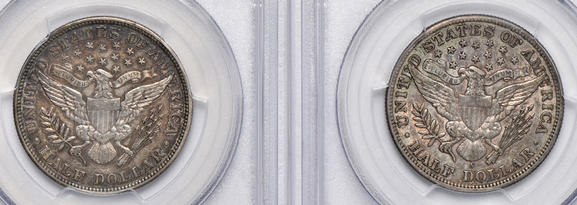 Six Barber half-dollars certified XF-45 by PCGS