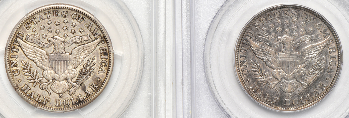 Six Barber half-dollars certified XF-45 by PCGS